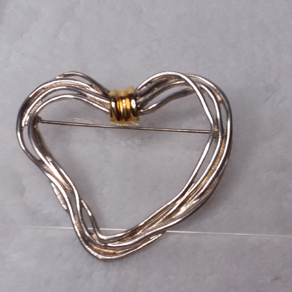 Vintage Brooch Heart Silver Gold Tone PD
